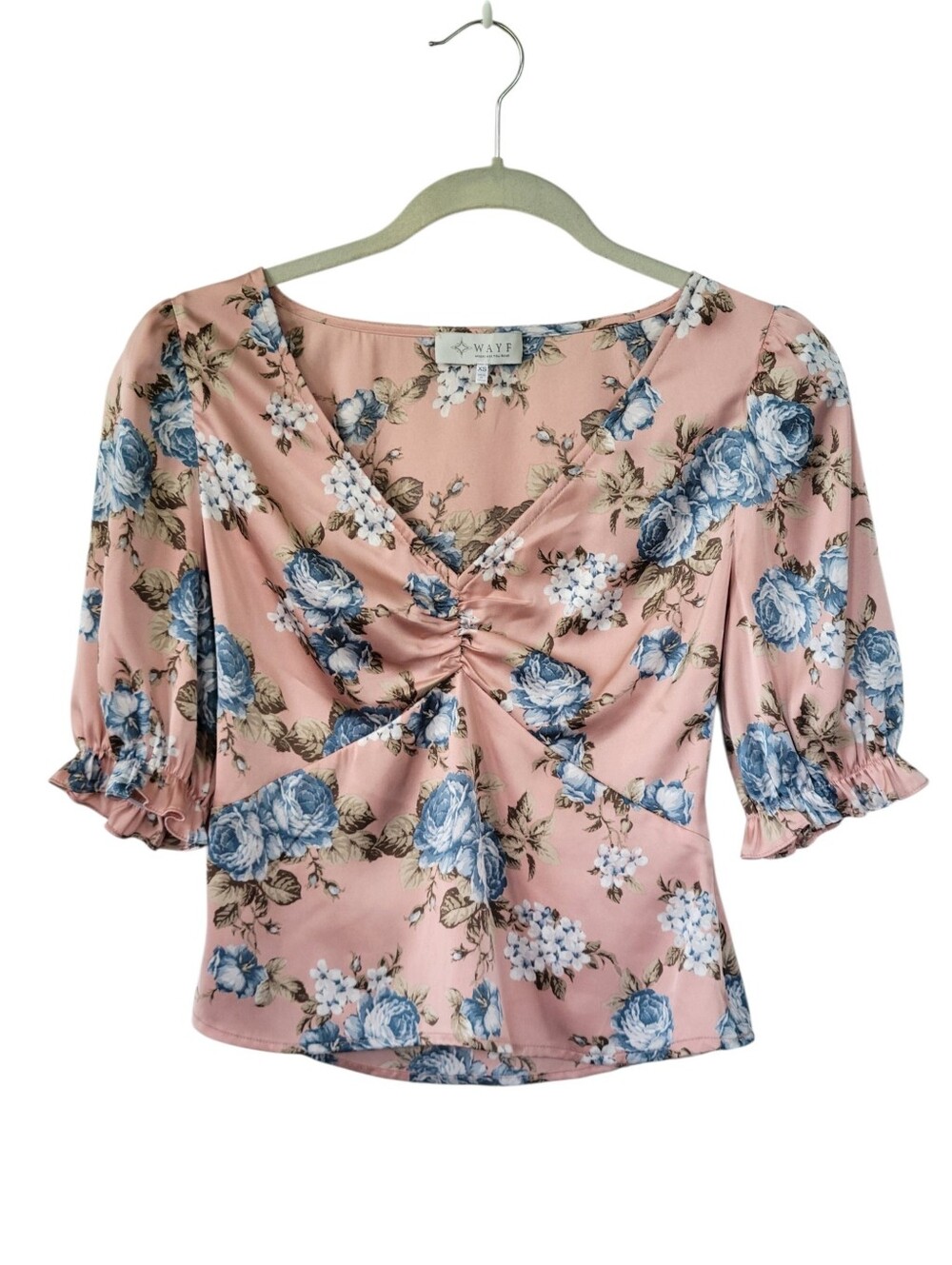 WAYF Satin Babydoll Peplum Floral Print V-Neck Puff Sleeve Blouse XS Coquette